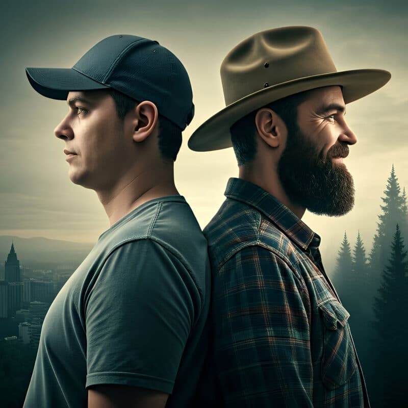 A slouching troubled, only slightly chubby, clean-shaven man in his 20s wearing a t-shirt and a baseball cap stares hopelessly into the distance to the left. Back to back is his future self: an upright, strong, vibrant, happy, 40-year-old dark bearded man wearing a flannel shirt and a ranger hat smiles, radiating health and contentment.