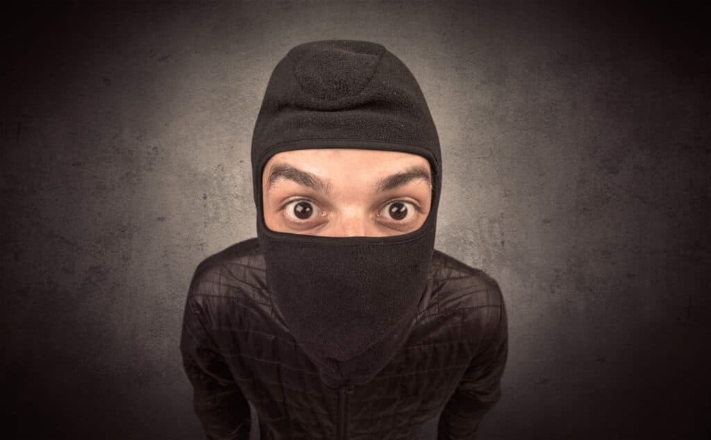 A thief wearing a balaclava staring at the camera rather bewildered.